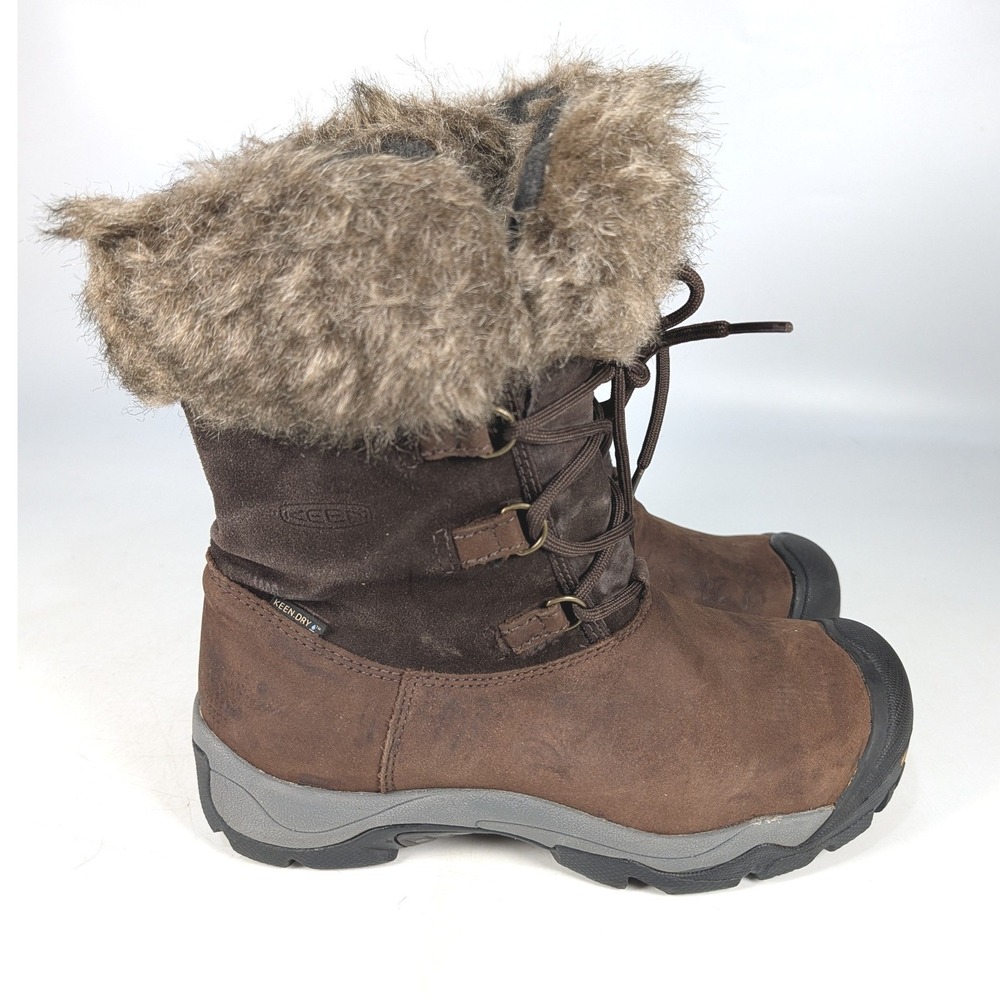 Keen Dry Waterproof Winter Boots Brown Faux Fur Trim Leather Lace Up Womens 7.5